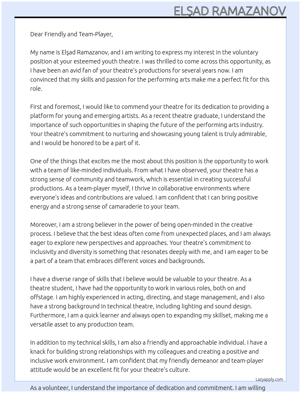 voluntary  At Volunteer at a youth theatre Cover Letter