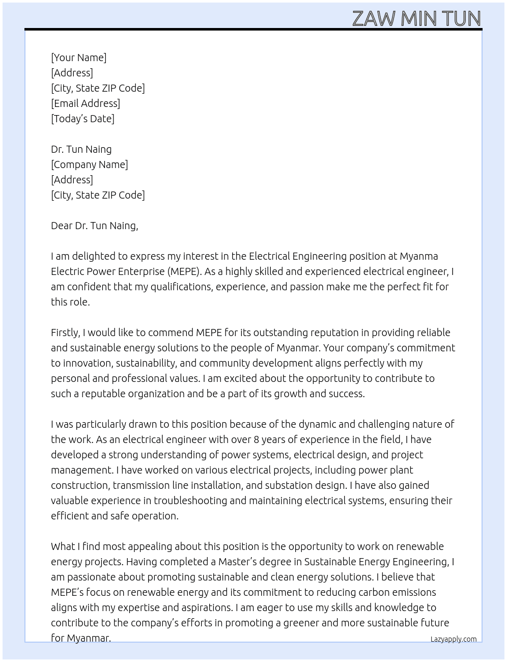 Electrical engineering  At Myanma Electric Power Enterprise ( MEPE Cover Letter