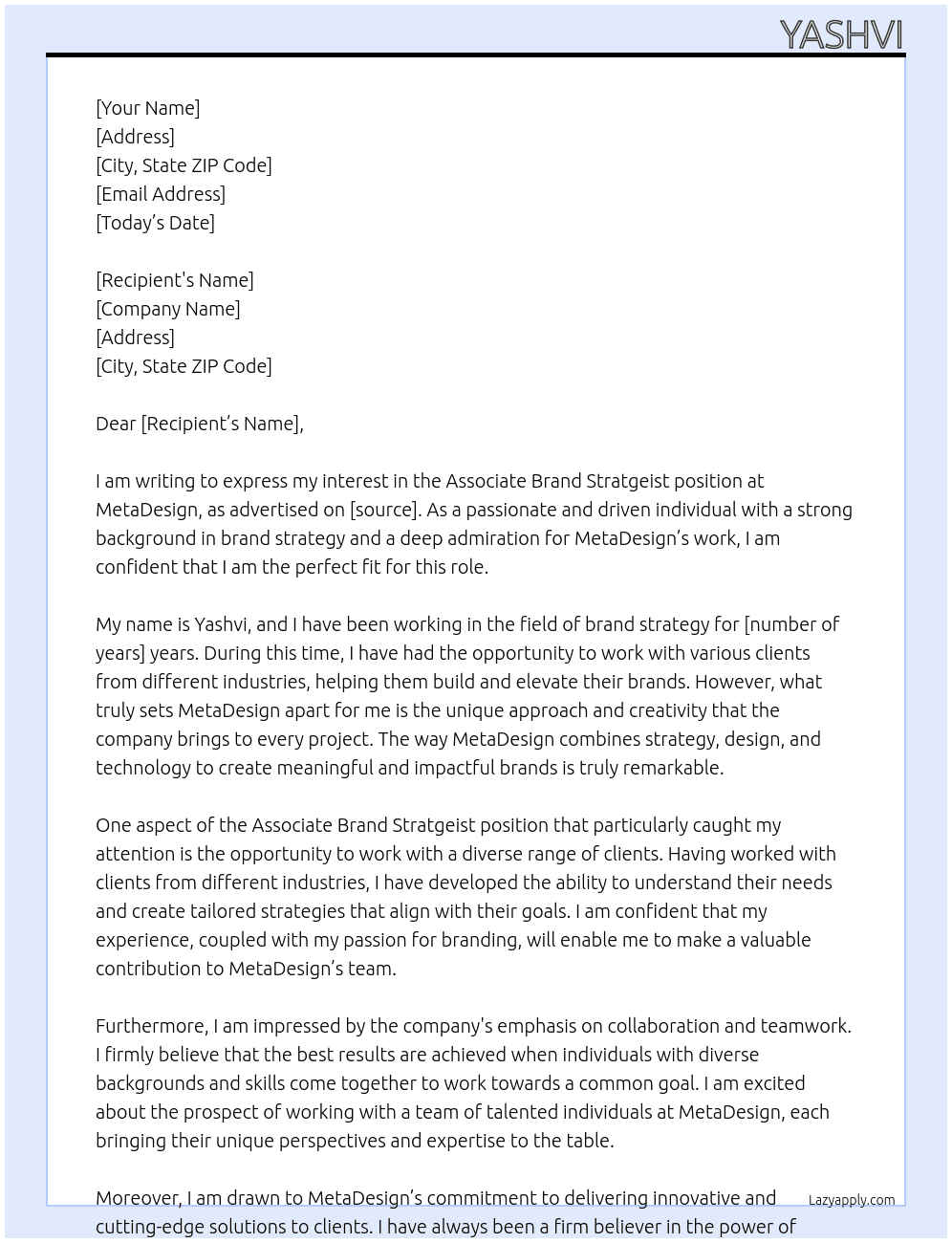 Associate Brand Stratgeist At MetaDeisgn Cover Letter