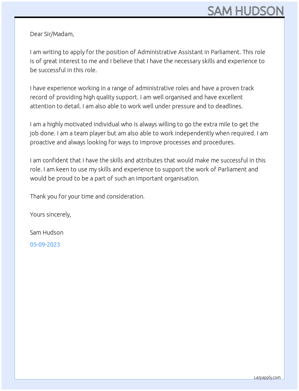 Administrative Assistant  At Parliament  Cover Letter