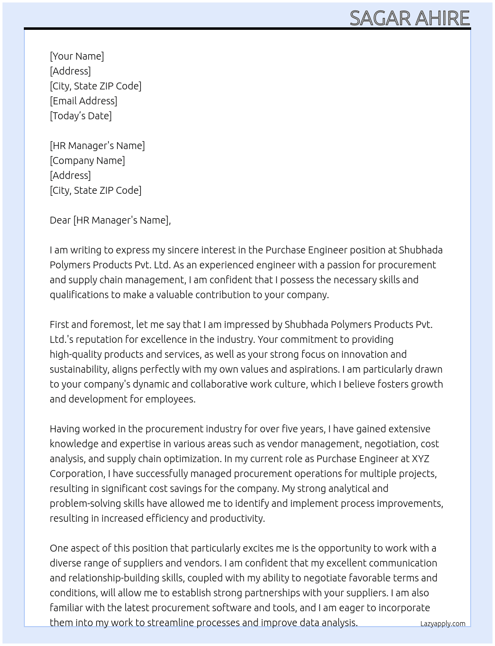 Purchase Engineer At Shubhada Polymers Products Pvt. Ltd. Cover Letter