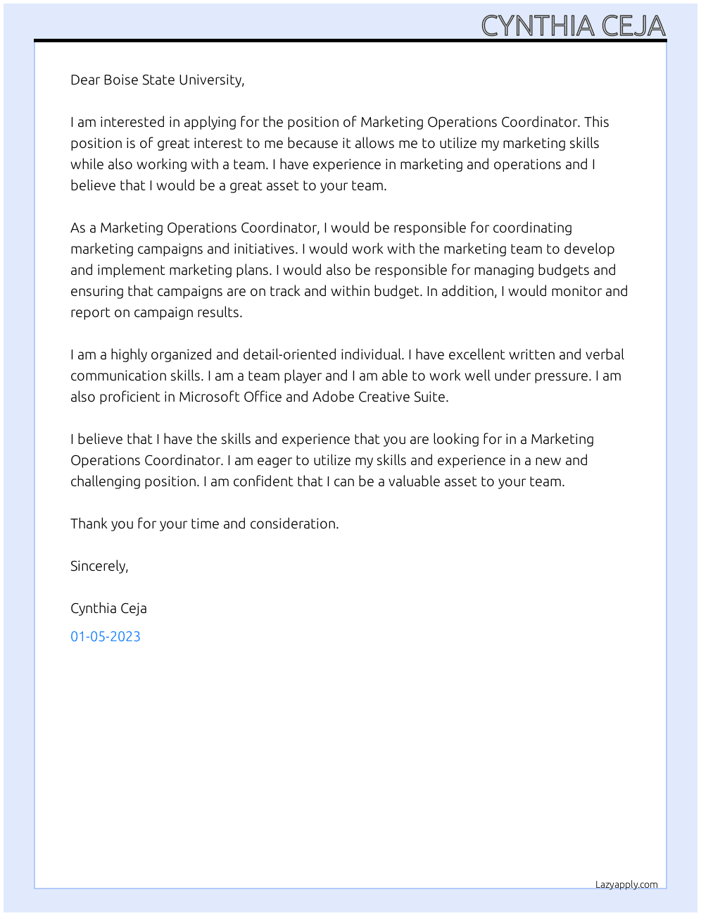 Marketing Operations Coordinator At Boise State University Cover Letter