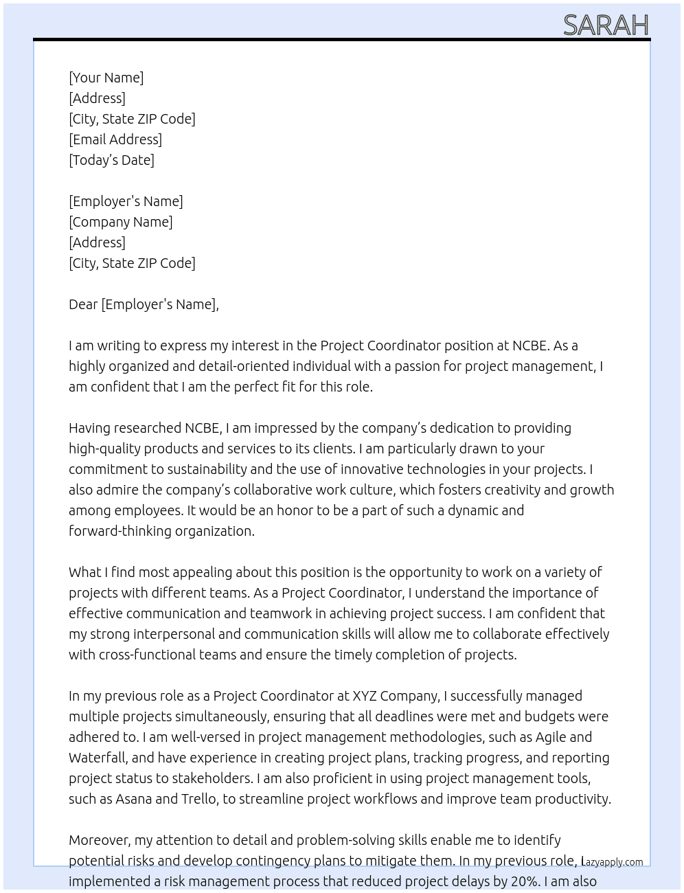 Project Coordinator At NCBE Cover Letter