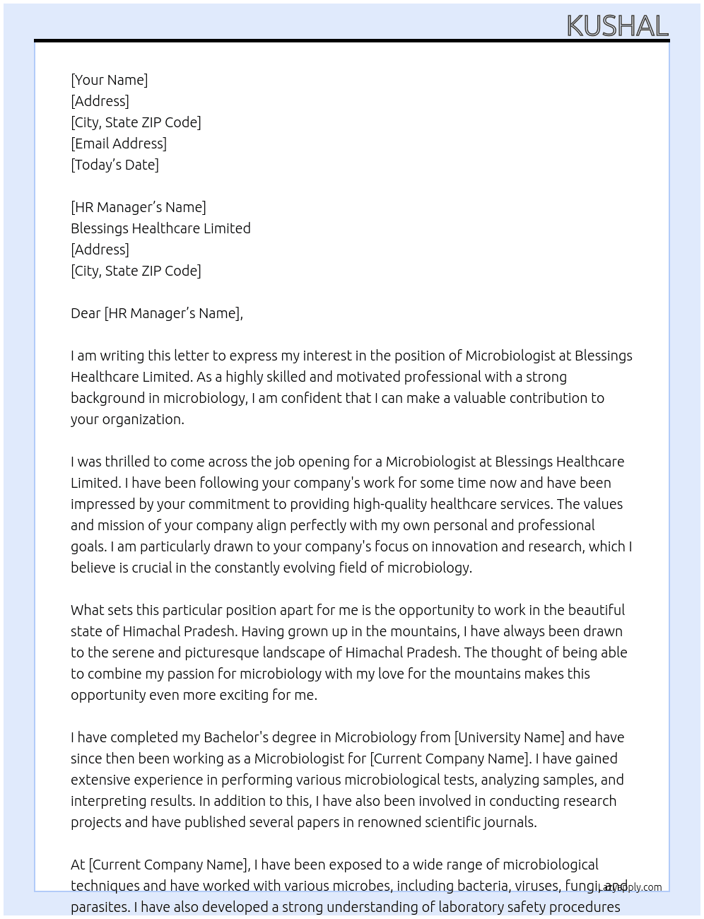 Microbiologist At Blessings Healthcare Limited Cover Letter