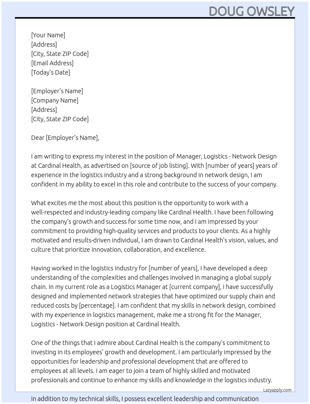 Manager, Logistics - Network Design At Cardinal Health Cover Letter