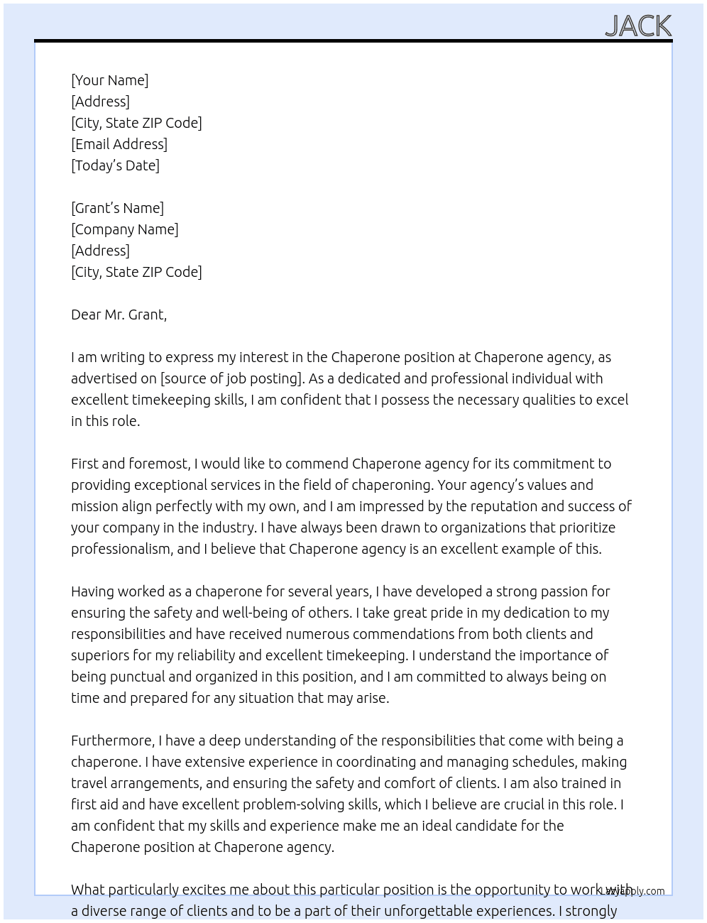Chaperone At Chaperone agency Cover Letter