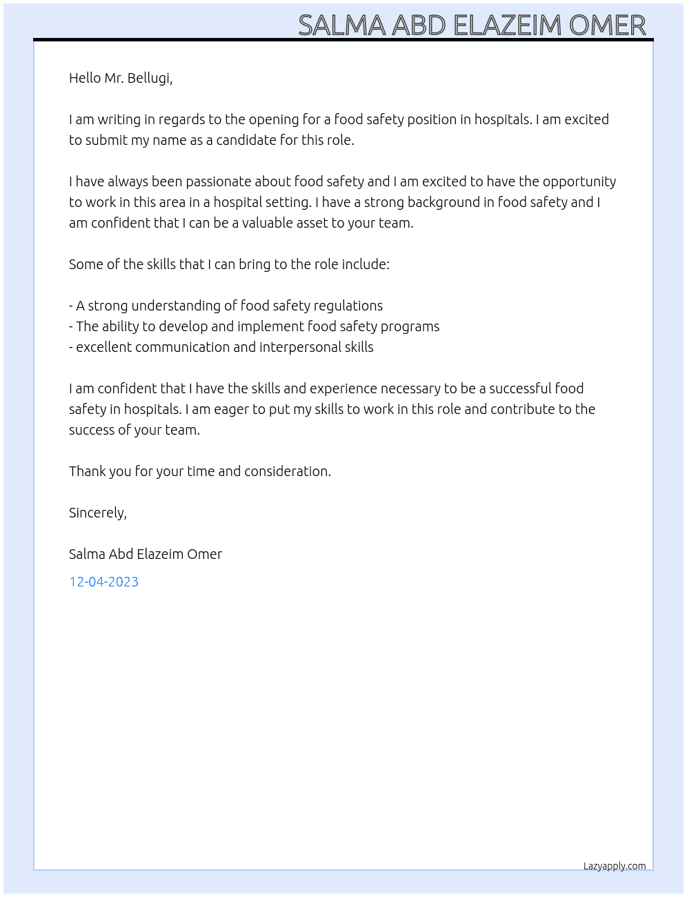 سلامه الاغذيه في المستشفيات At مستشفى  Cover Letter