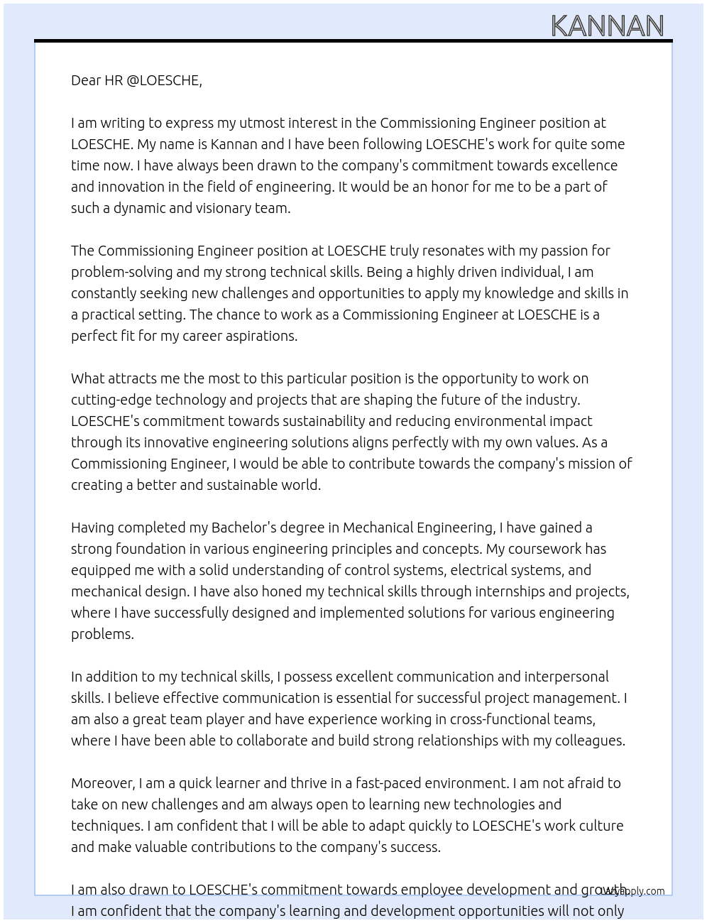 Commissioning engineer At LOESCHE Cover Letter