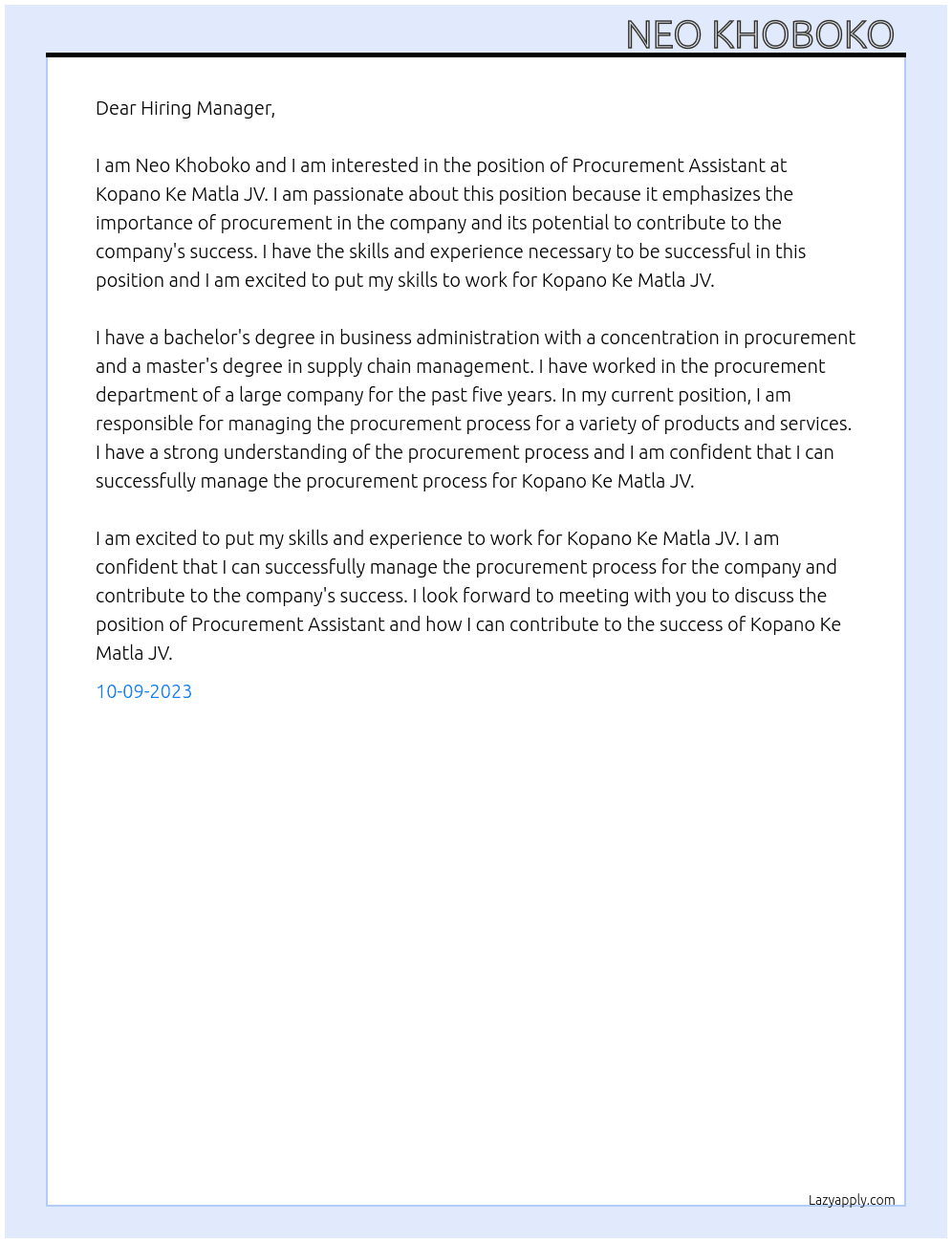 Procurement Assistant  At Kopano Ke Matla JV Cover Letter