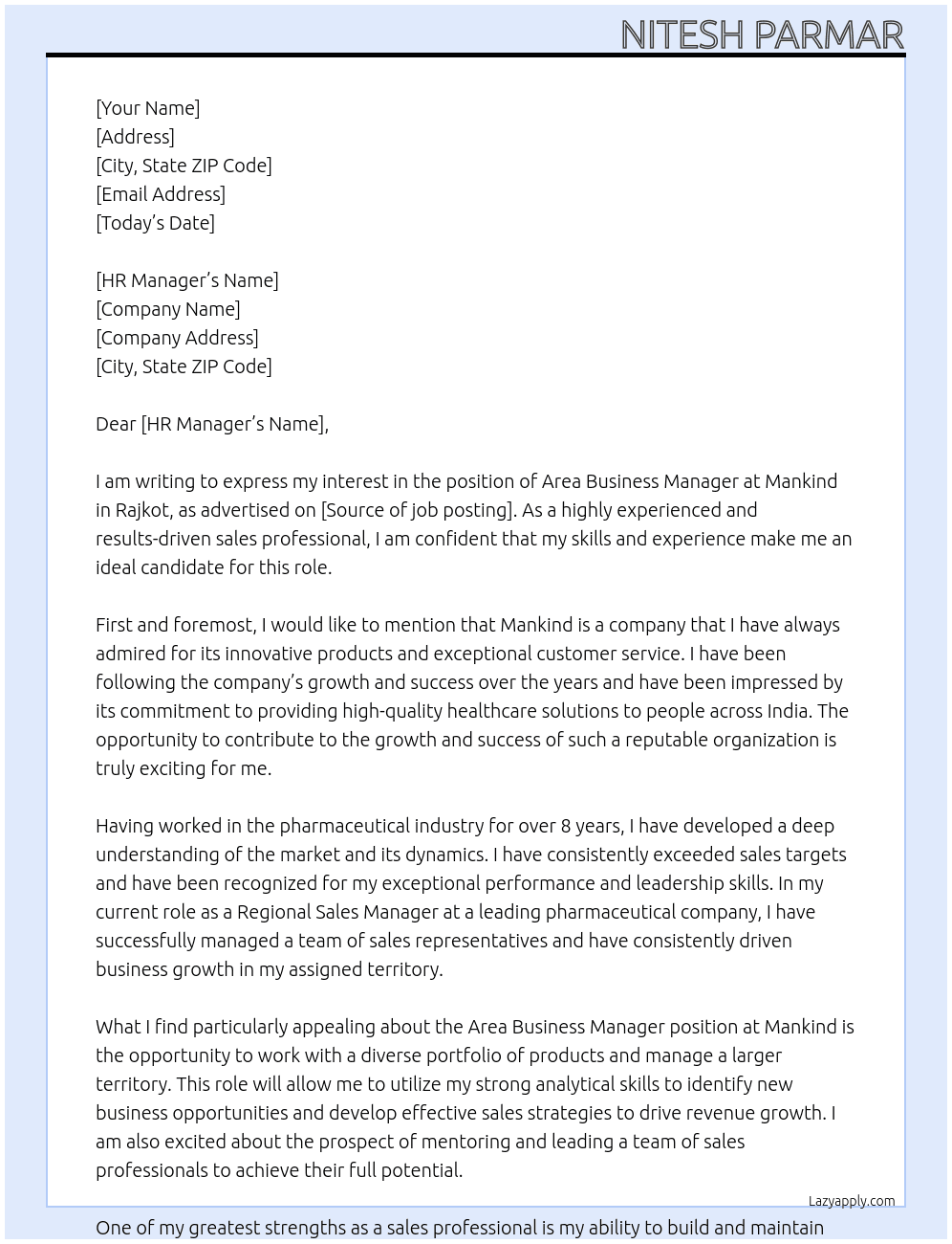 Area Bussiness Manager  At Mankind  Cover Letter