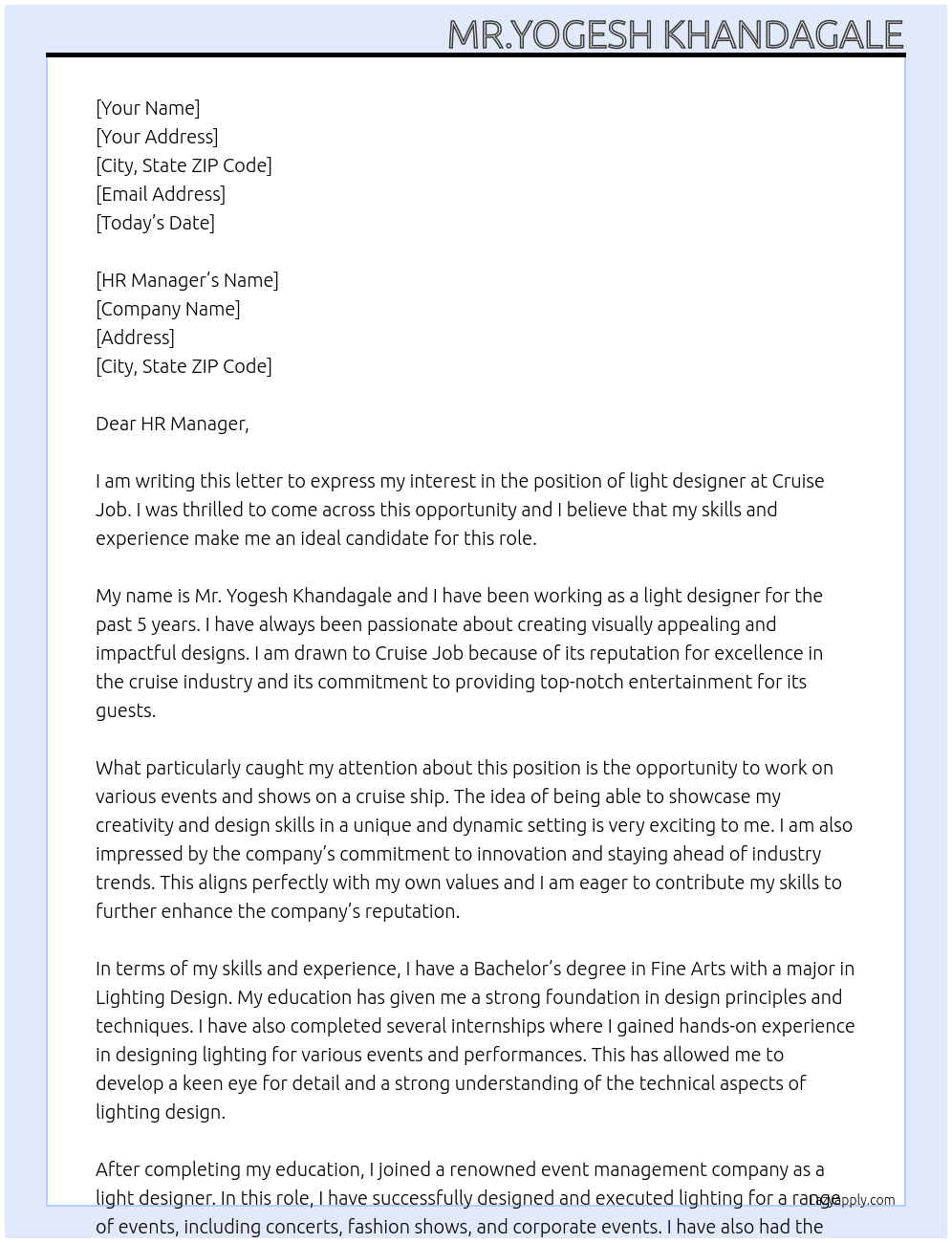 light desineer At cruise job Cover Letter