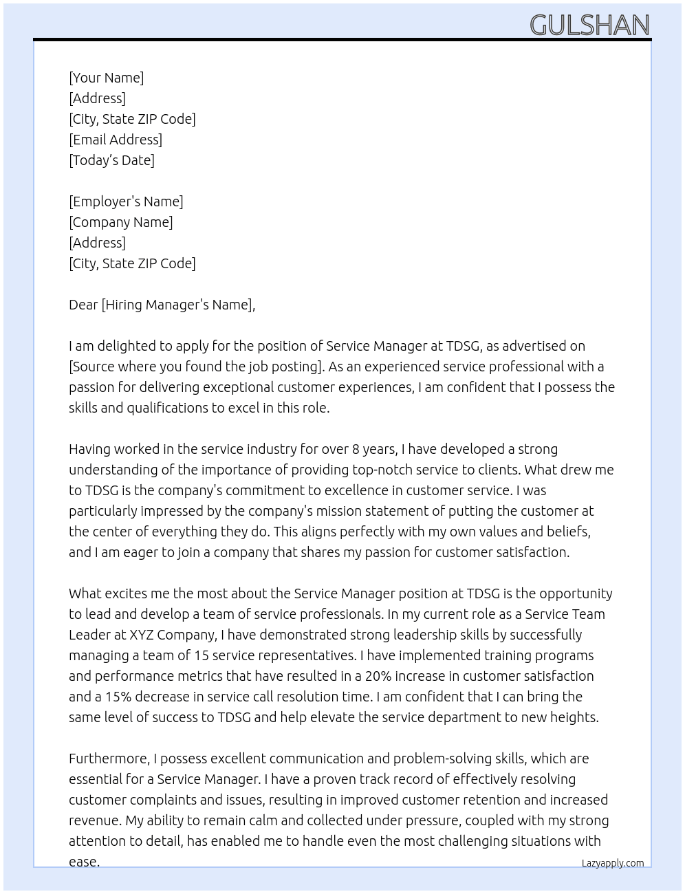 Service manager  At TDSG Cover Letter