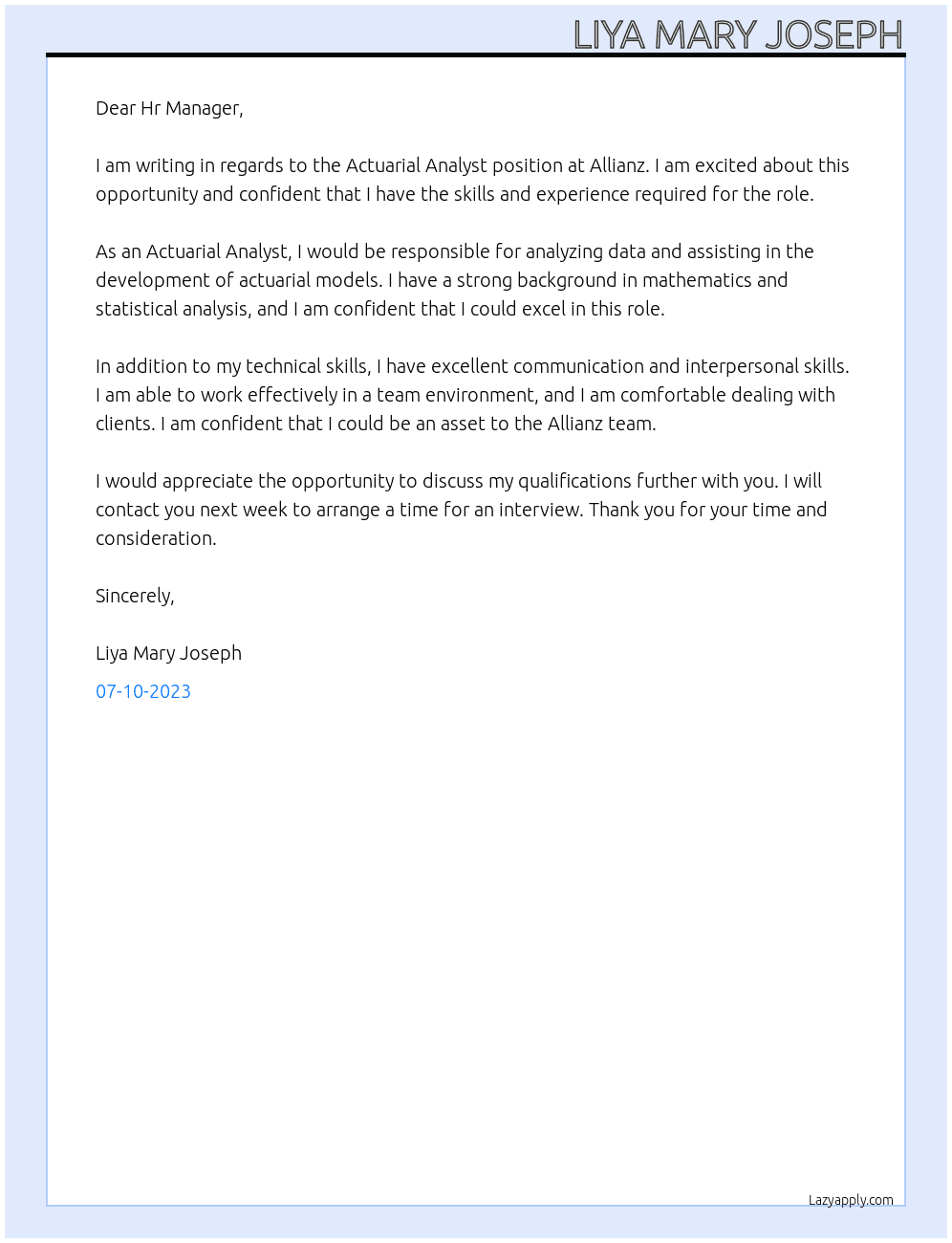 Actuarial Analyst At Allianz Cover Letter