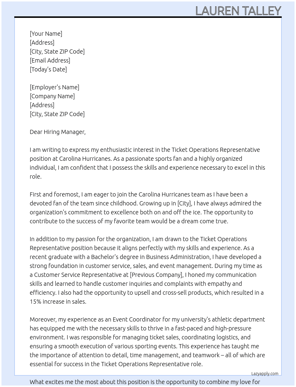 Ticket Operations Representative  At Carolina Hurricanes Cover Letter