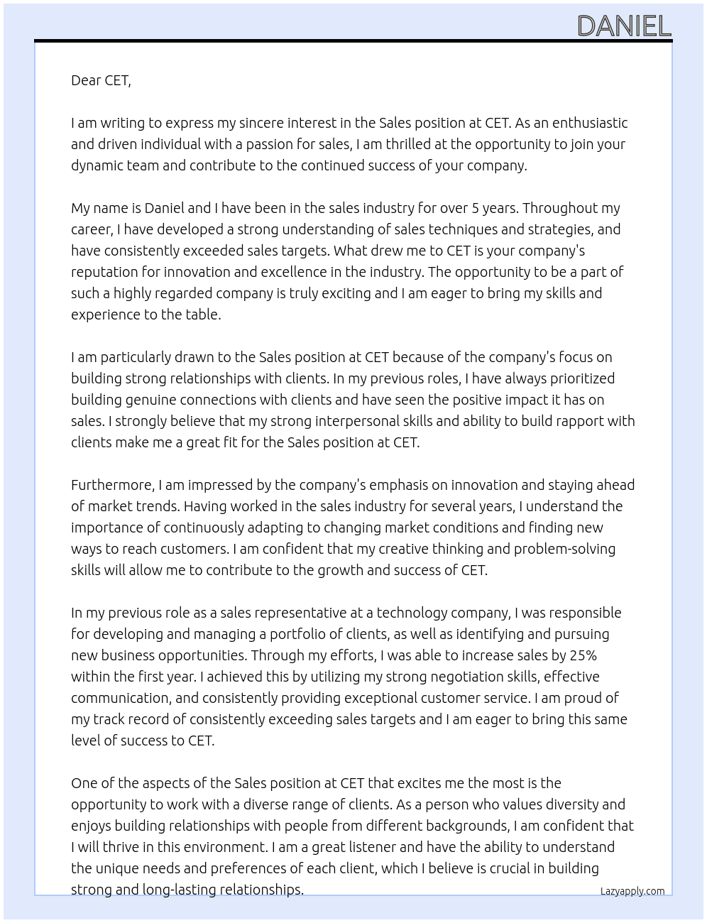 Sales At CET Cover Letter