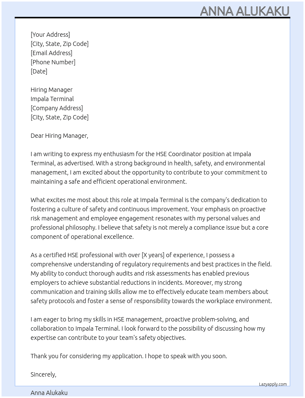 HSE COORDINATOR At IMPALA TERMINAL Cover Letter