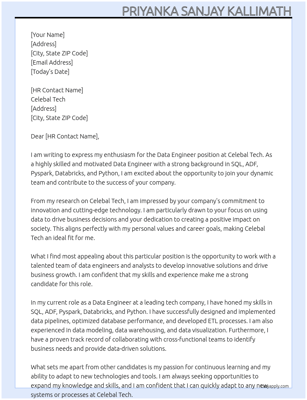 Data engineer At celebal tech Cover Letter