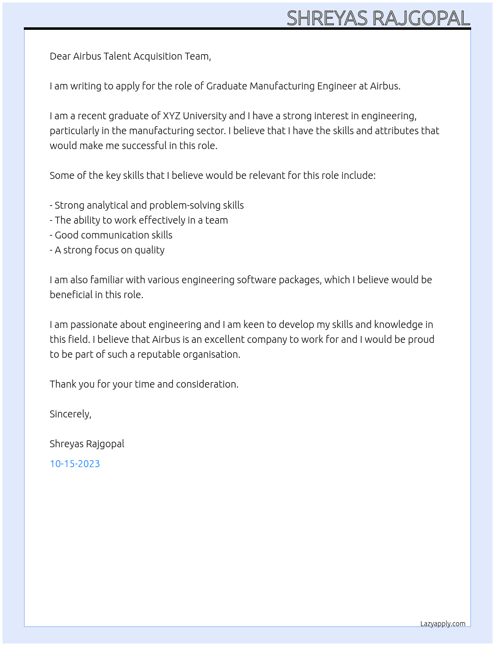 Graduate Manufacturing Engineer At Airbus Cover Letter