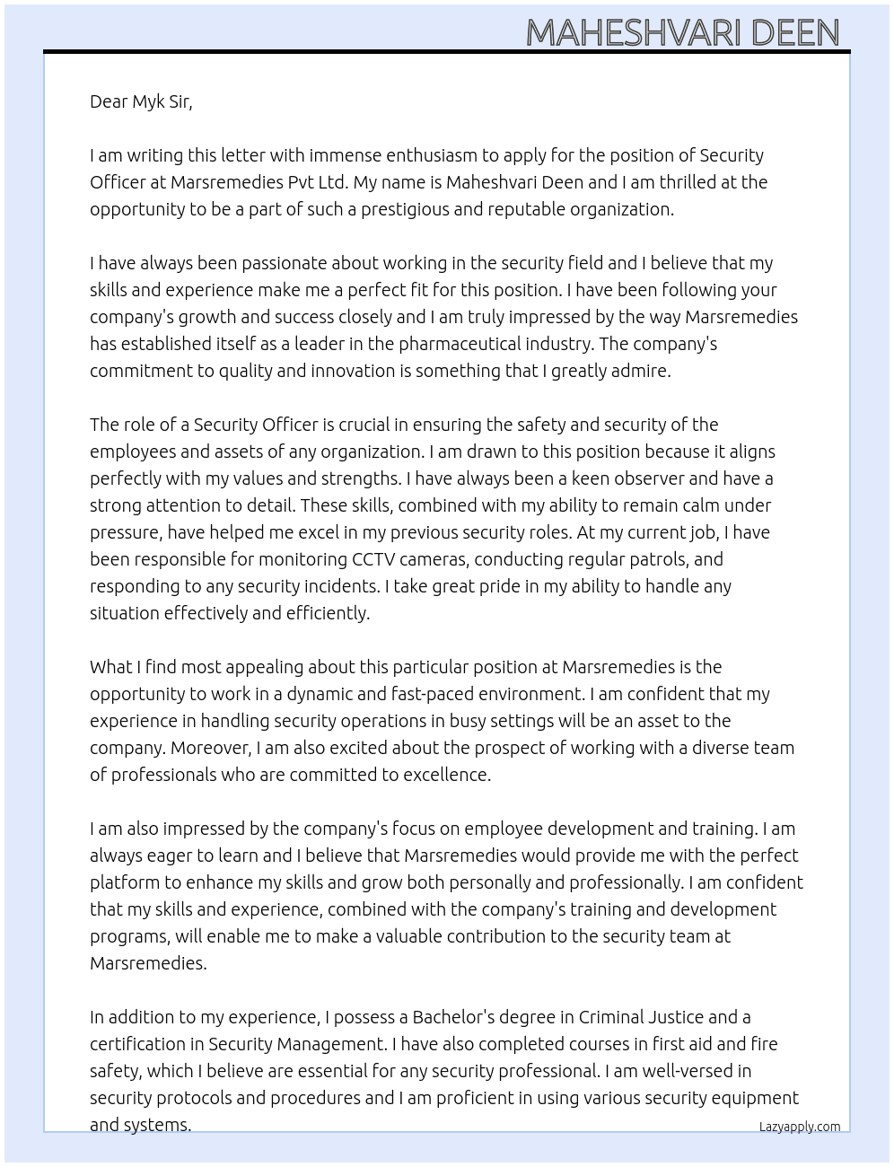 Security officer  At Marsremedies pvt ltd Cover Letter