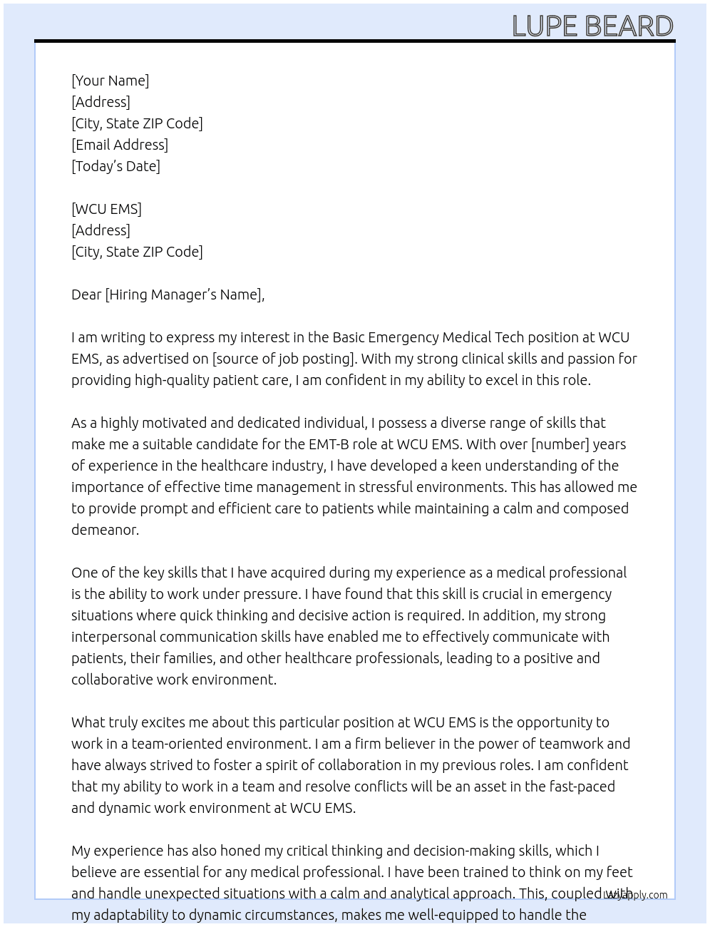 Basic Emergency Medical Tech At WCU EMS Cover Letter