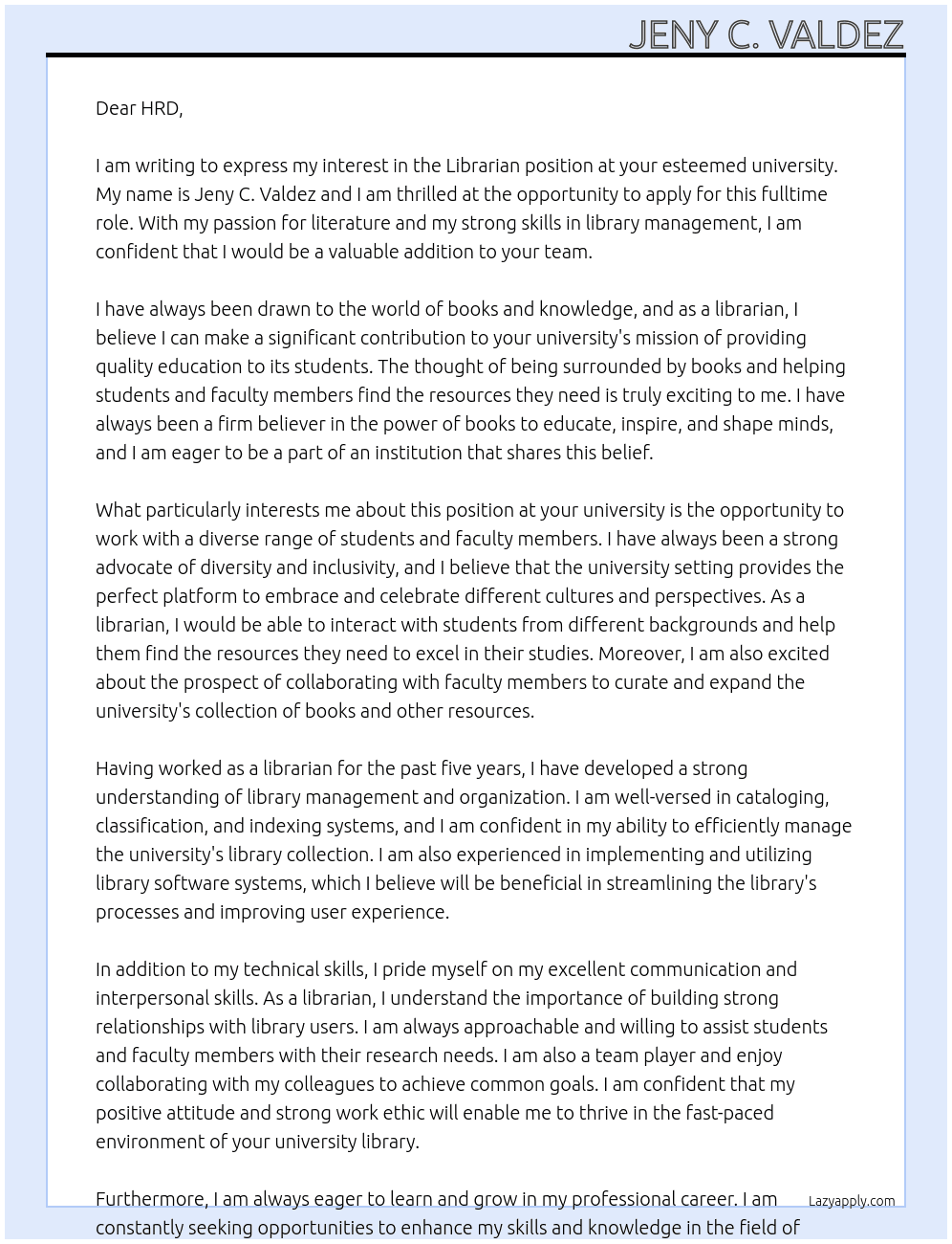 librarian At university Cover Letter