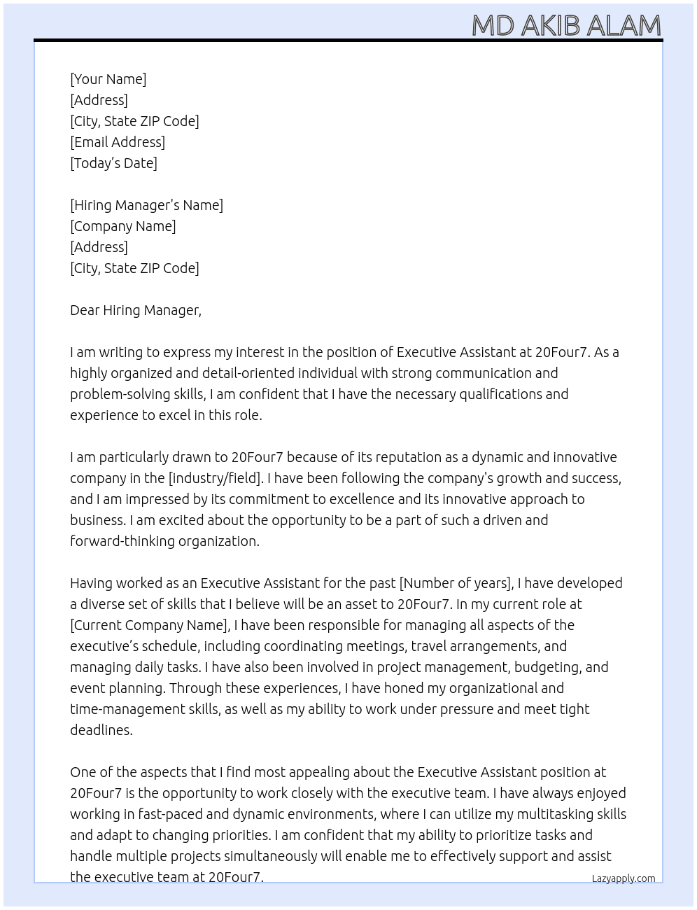 Executive Assistant At 20Four7 Cover Letter