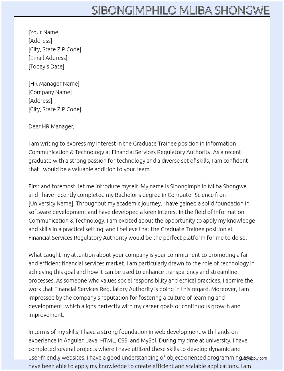 Graduate Trainee in Information Communication & Technology  At Financial Services Regulatory Authority  Cover Letter