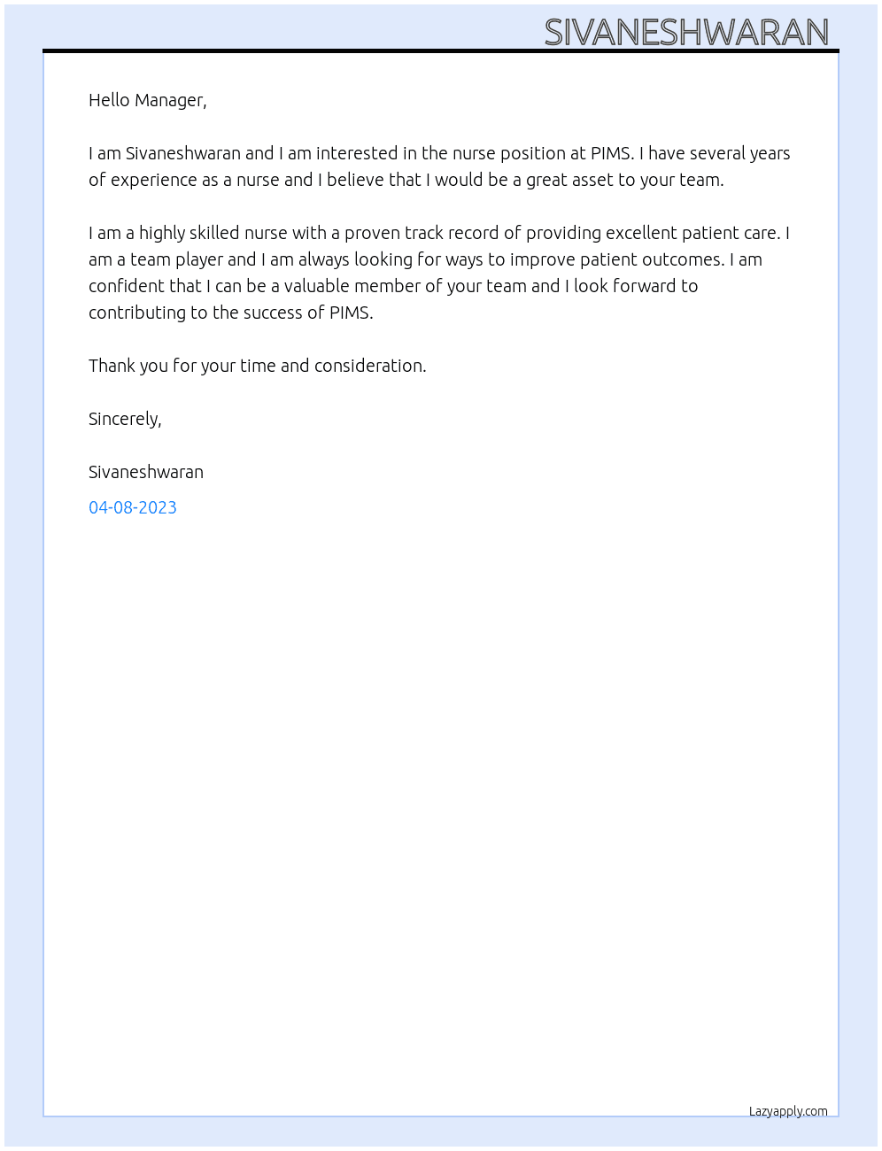 Nurse At PIMS Cover Letter