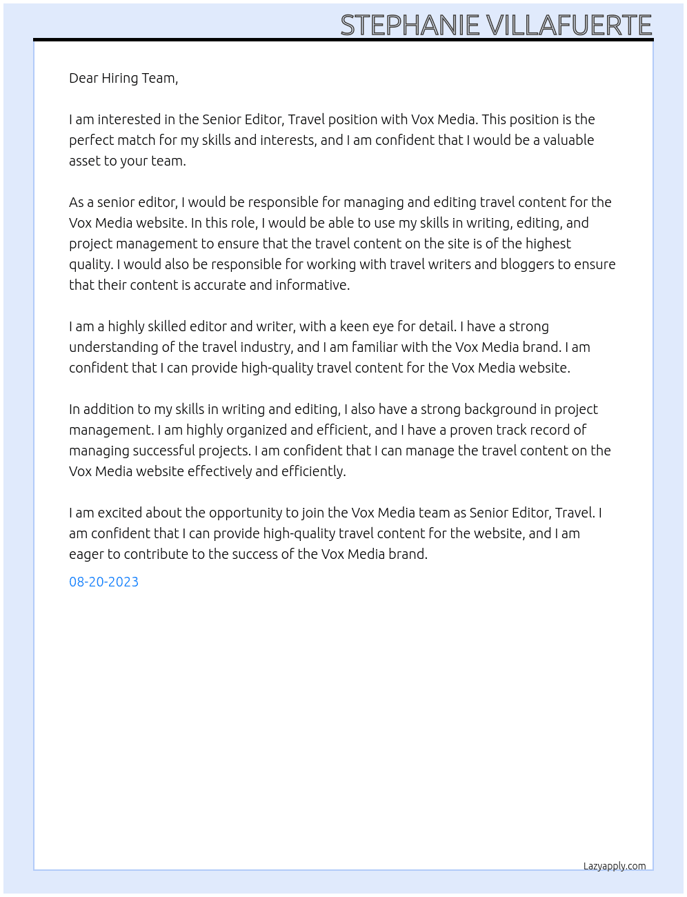 Senior Editor, Travel At Vox Media Cover Letter