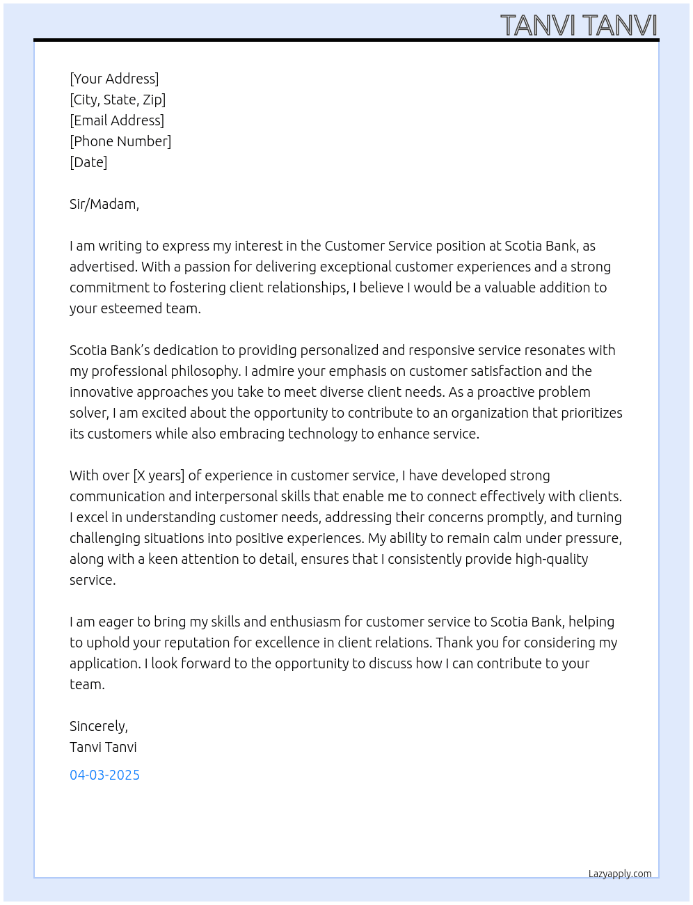 Customer Service At Scotia Bank Cover Letter