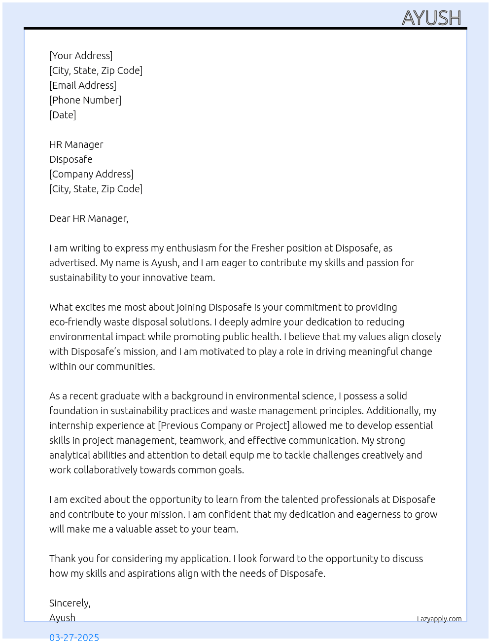 Fresher At Disposafe Cover Letter