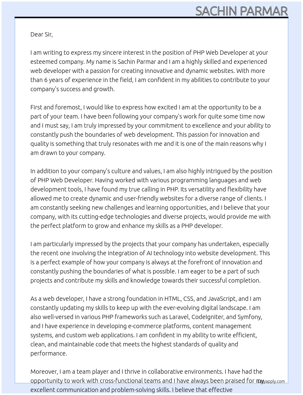 PHP WEB DEVELOPER At you Cover Letter