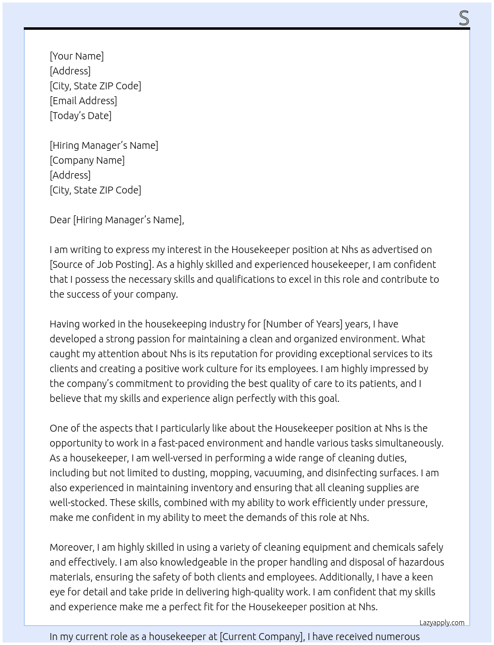 Housekeeper At Nhs Cover Letter