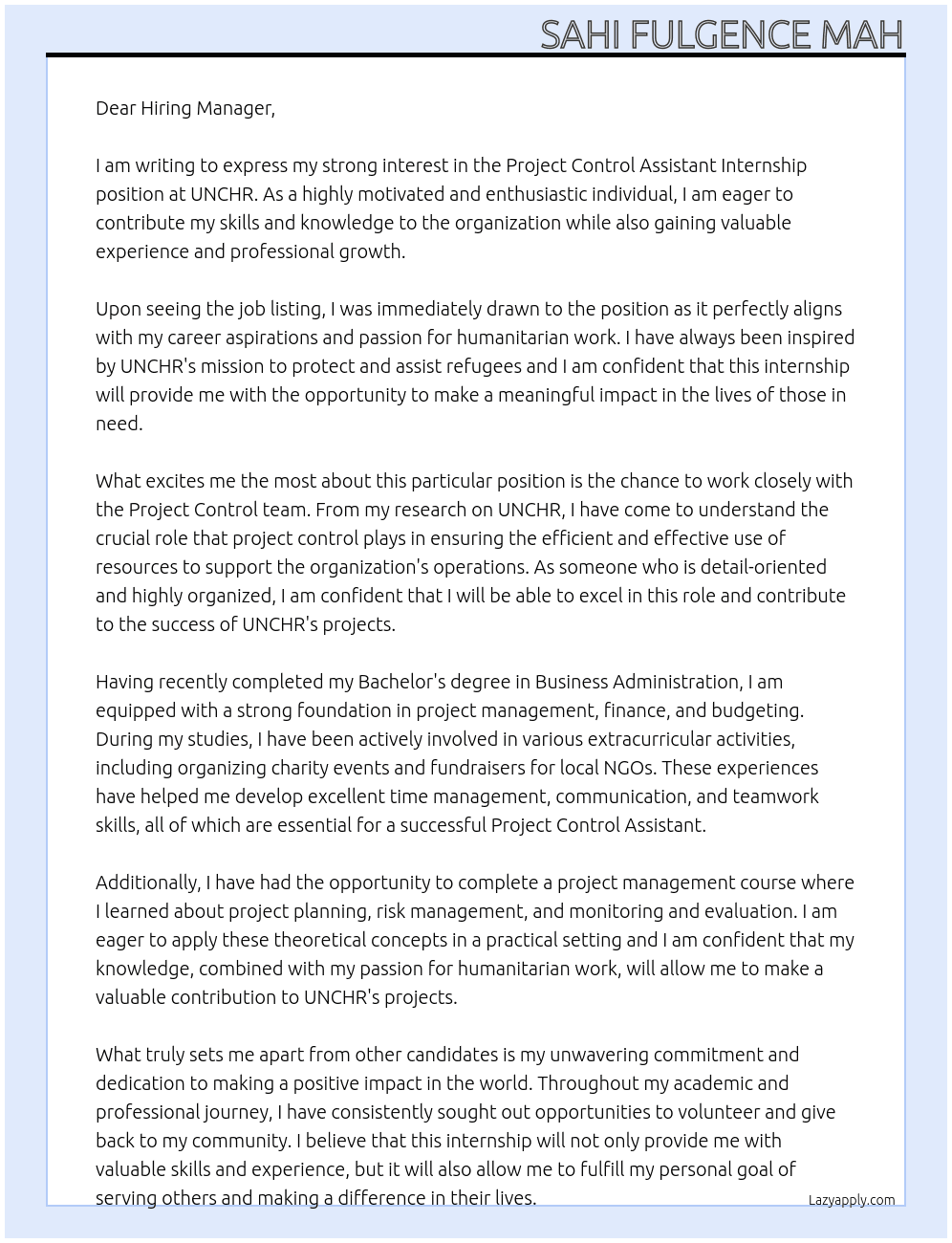 Project Control Assistant Internship At UNCHR Cover Letter