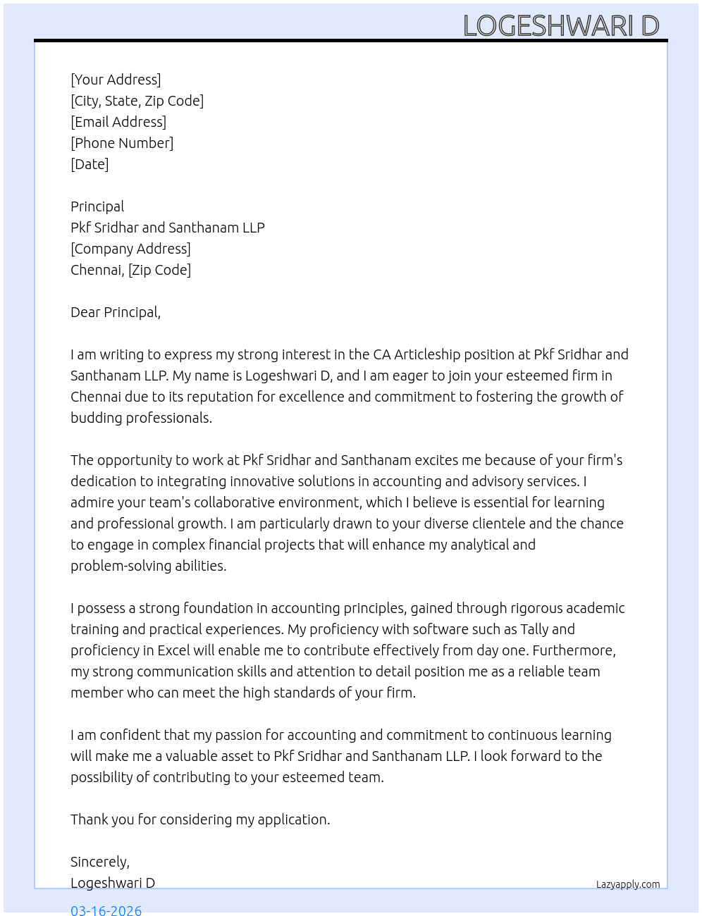 CA Articleship  At Pkf sridhar and Santhanam llp Cover Letter
