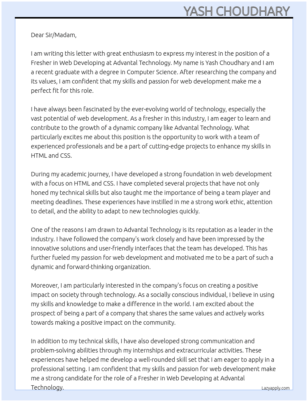 Fresher in web developing  At Advantal Technology Cover Letter
