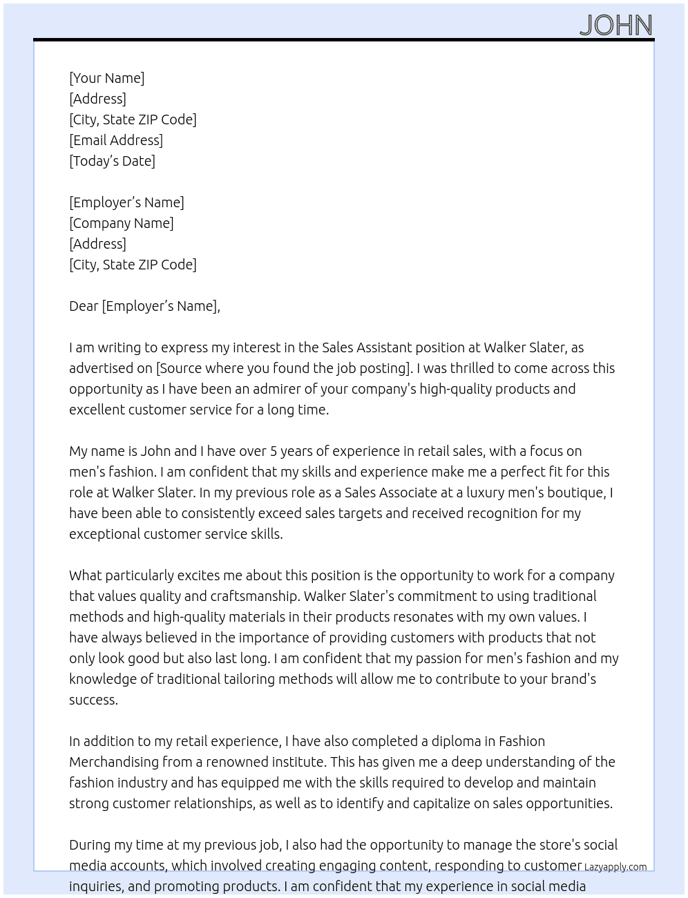 Sales assistant At Walker Slater Cover Letter