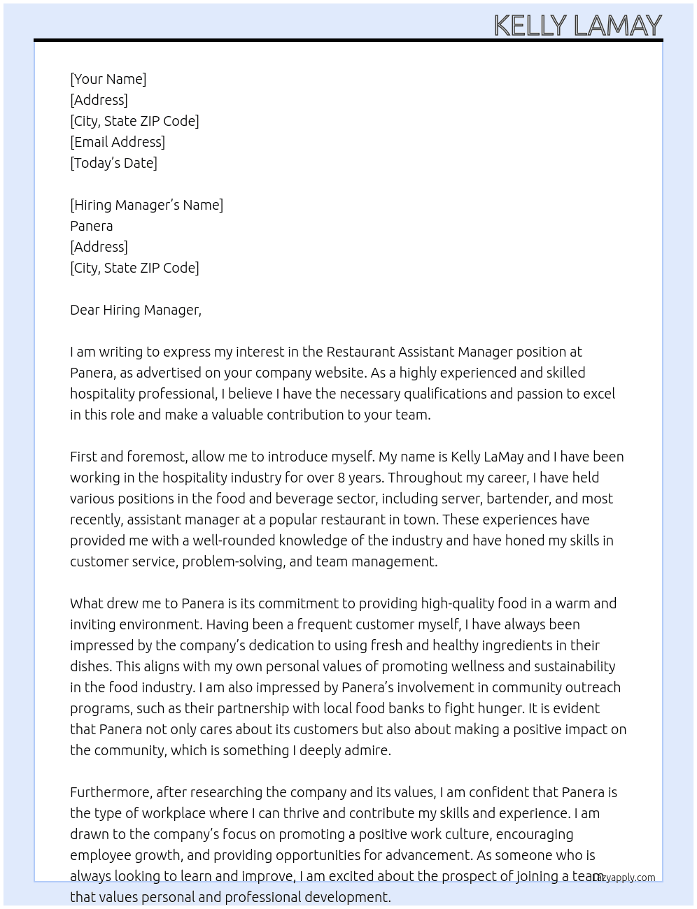 Restaurant Assistant Manager At Panera Cover Letter