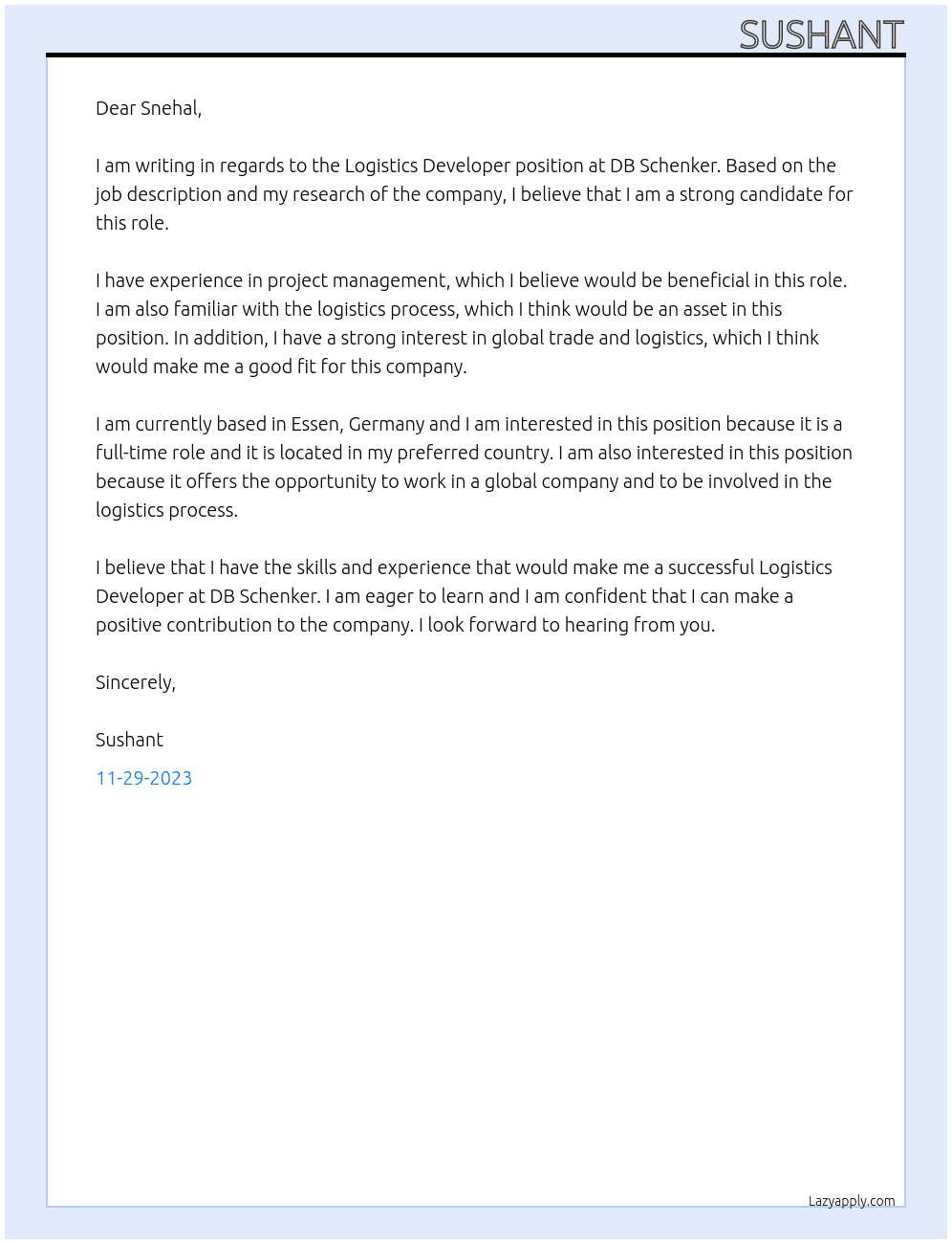 Logistics Developer At DB Schenker Cover Letter