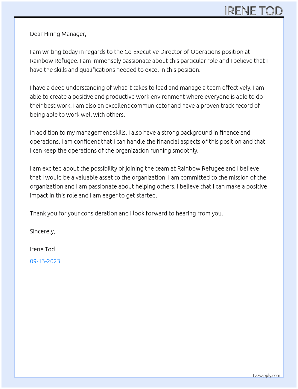 Co-Executive Director of Operations At Rainbow Refugee Cover Letter