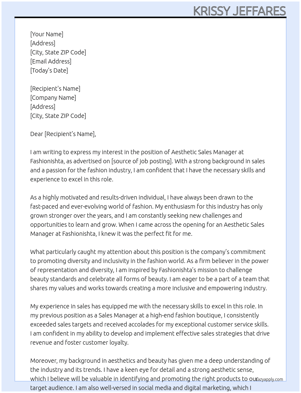 Aesthetic Sales Manager At Fashionishta  Cover Letter