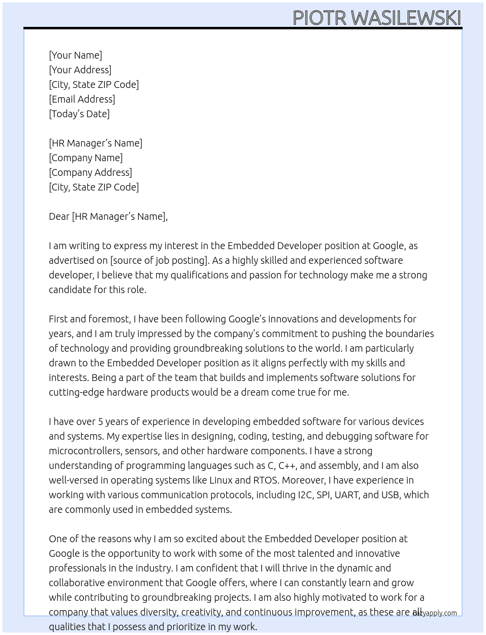 embedded developer At google Cover Letter
