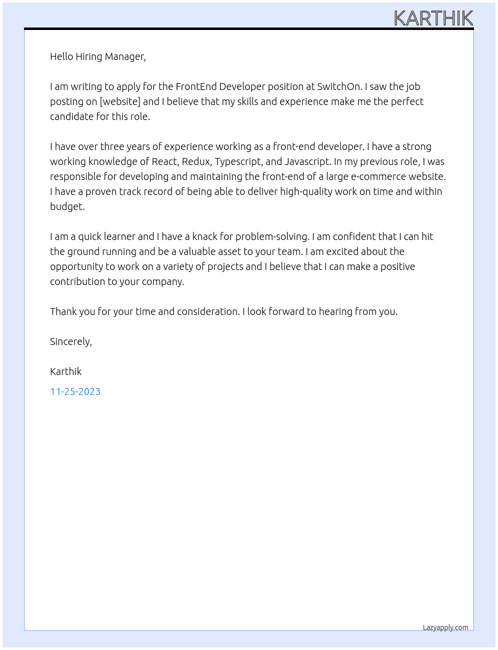 FrontEnd Developer At SwitchOn Cover Letter