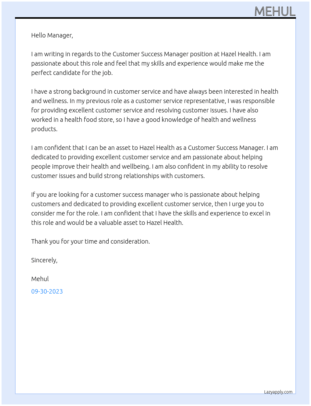 Customer success manager  At Hazel Health Cover Letter