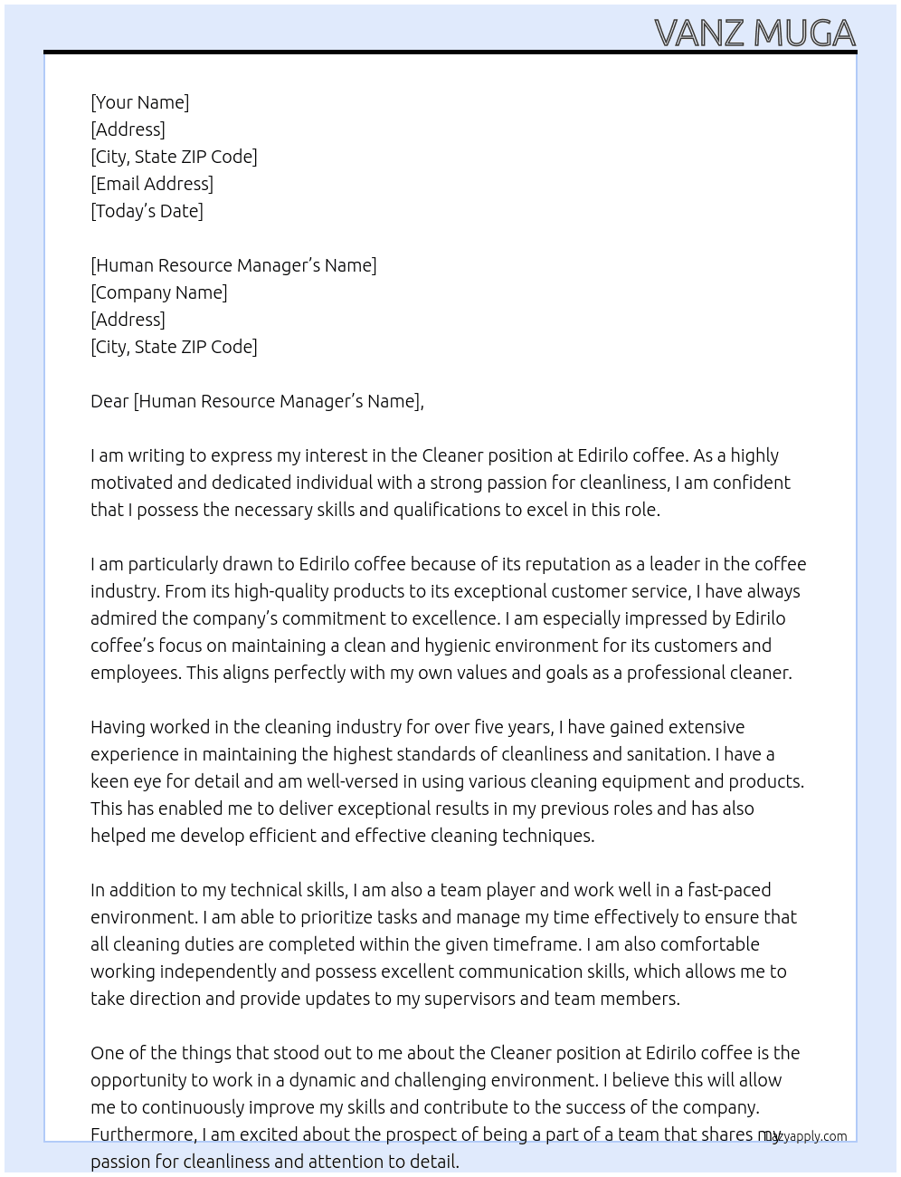Cleaner  At Edirilo coffee  Cover Letter