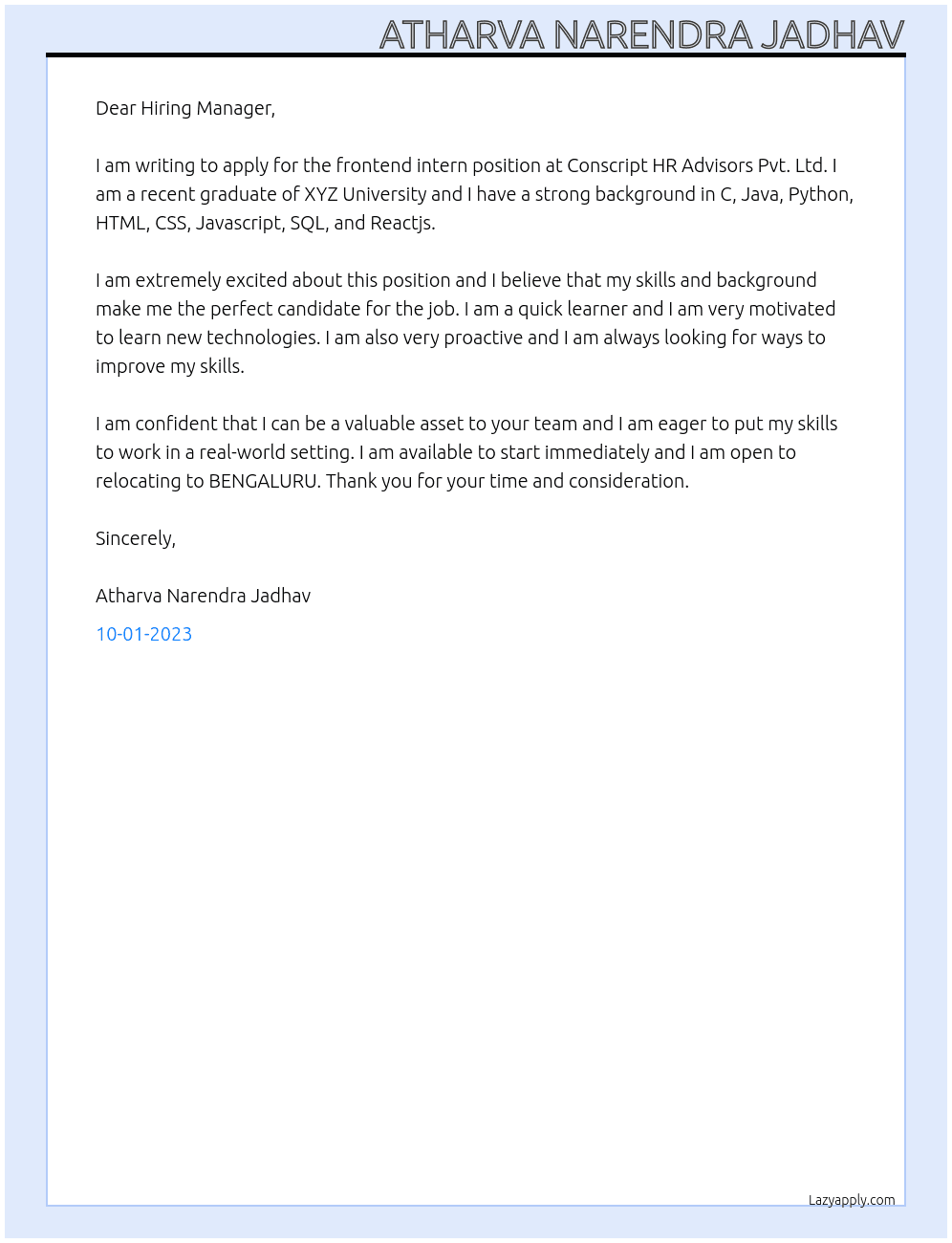frontend intern At Conscript HR Advisors Pvt. Ltd. Cover Letter