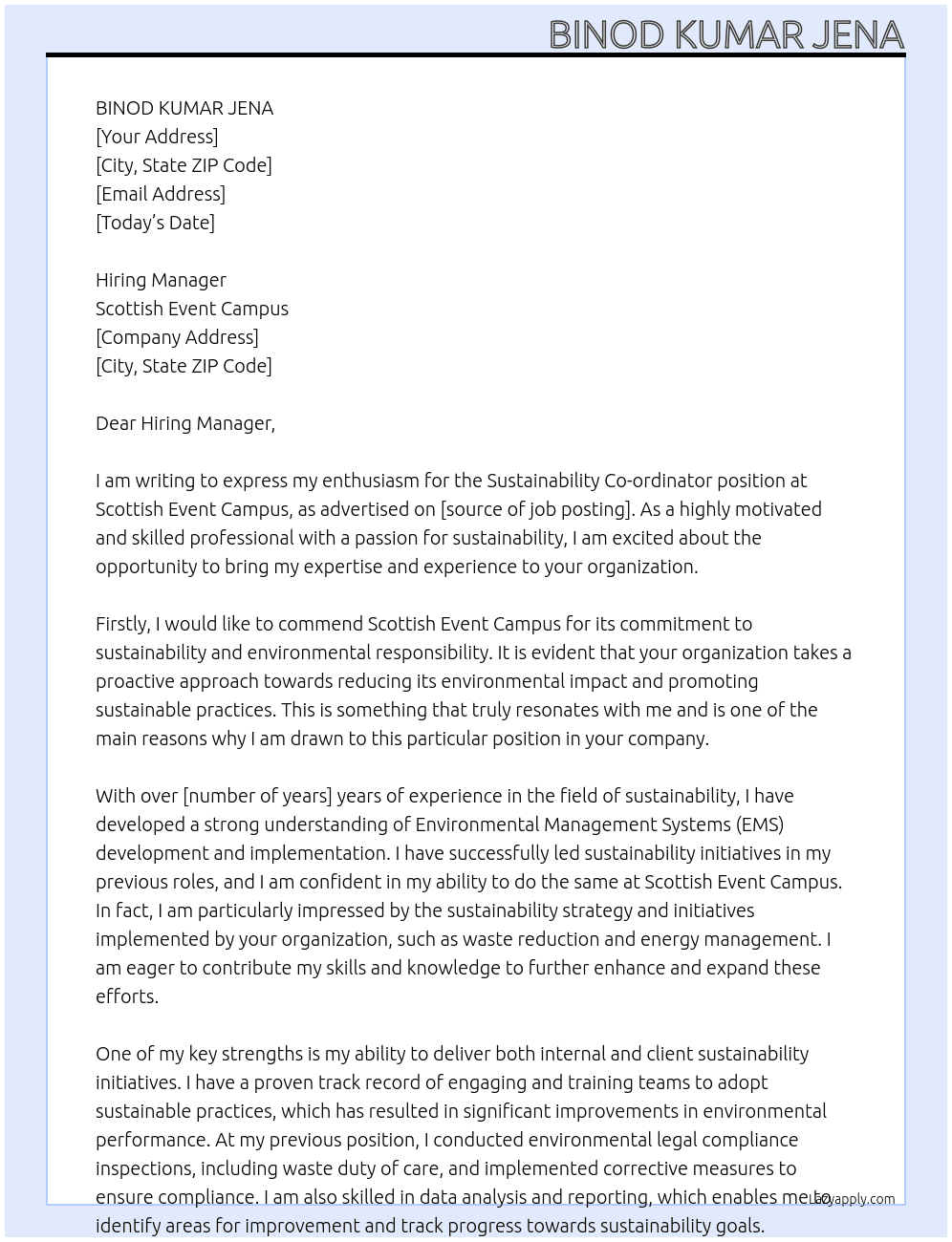 Sustainability Co-ordinator At Scottish Event Campus Cover Letter