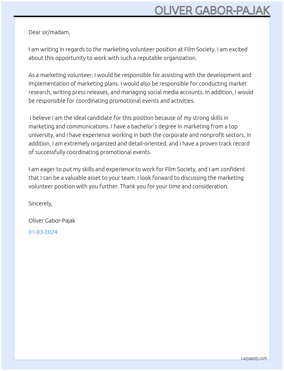 Marketing Volunteer At Film Society Cover Letter