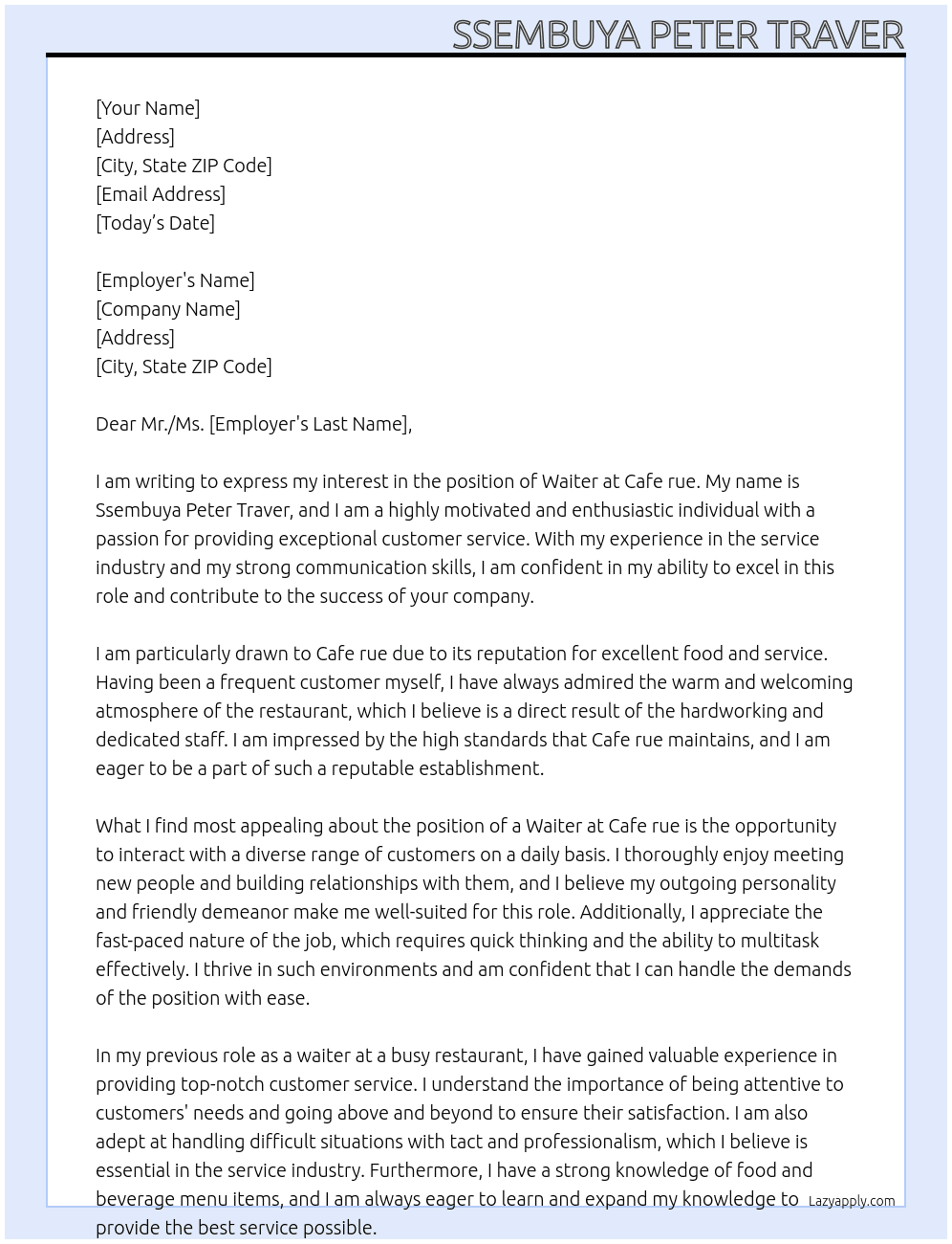 Waiter At Cafe rue Cover Letter
