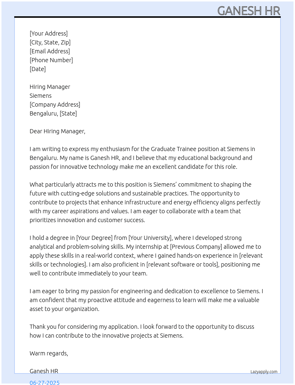 Graduate Trainee At Siemens Cover Letter